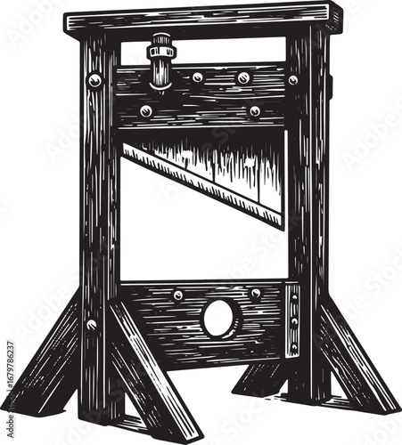Vintage Woodcut Illustration of a Guillotine on an Isolated Whit