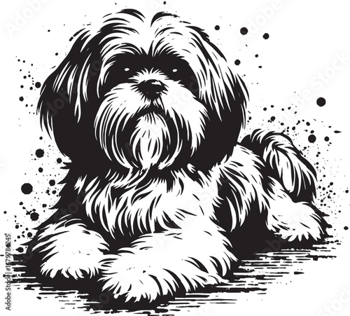 Detailed Black and White Illustration of a Shih Tzu Dog in Relaxed and Resting Position