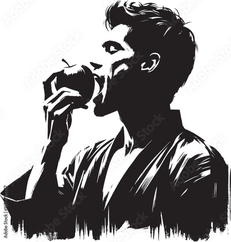 Monochrome portrait of a man enjoying a crisp apple in minimalis