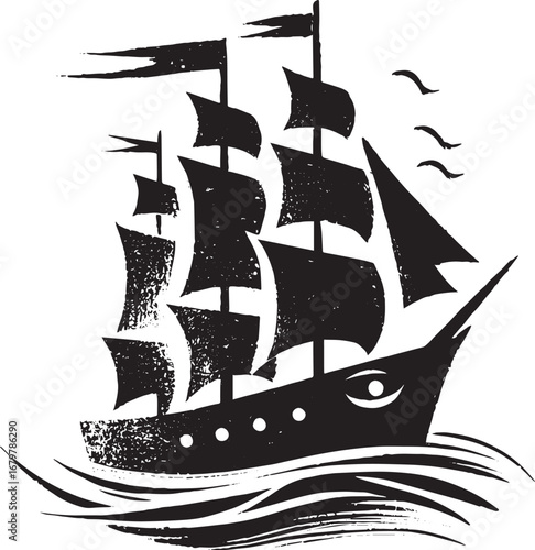Monochrome depiction of a historical sailing ship in a textured