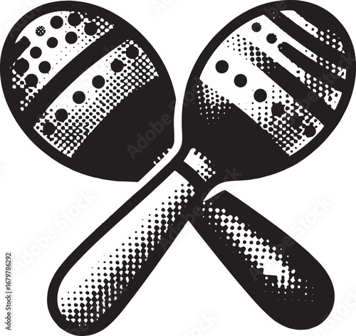 Illustration of two maracas musical instruments in black and white style crossed
