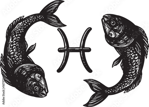 Pisces zodiac sign, illustration featuring two stylized fish and