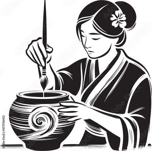 Elegant monochrome illustration of a woman delicately painting t