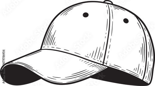 Stylized cricket cap drawing in woodcut style, monochrome isolat