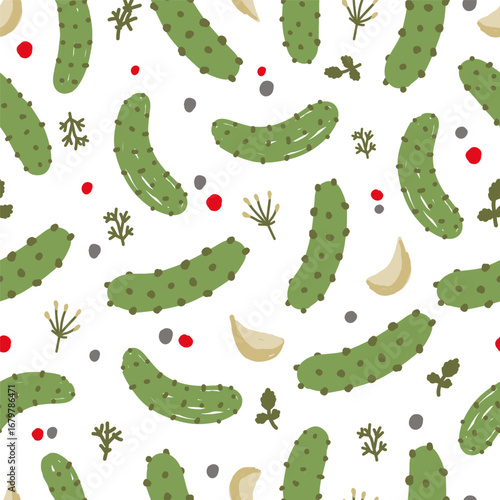 Seamless pattern with pickles, garlic, herbs and spices on white background. Hand drawn cucumbers ornament. Vegetable food and cooking concept.