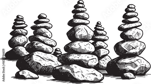 Monochrome rock cairns arrangement in woodcut style on an isolat