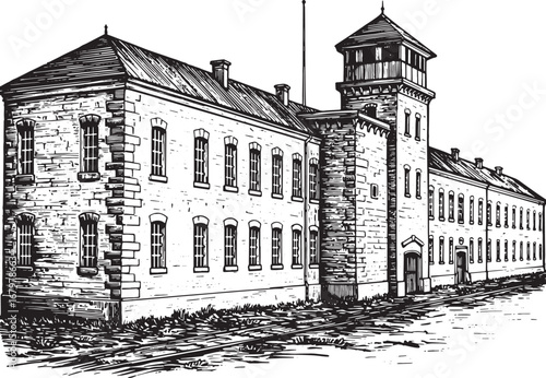 Monochrome illustration of a historic prison complex with watcht