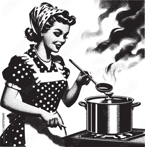 Vintage Illustration of a Woman Cooking in the Kitchen with Polka Dot Dress and Headscarf