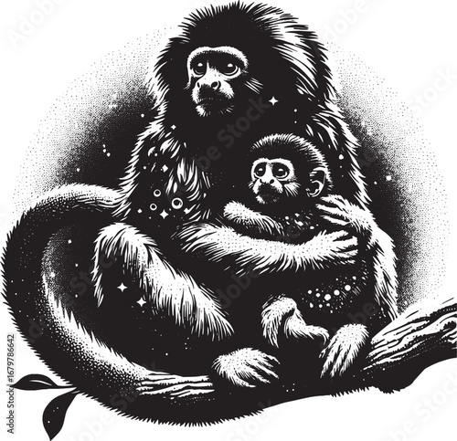 Artistic illustration of a monkey mother embracing her baby in a loving, protective pose