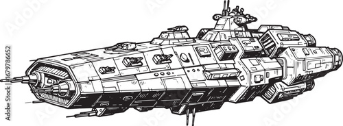 Intricate woodcut-style illustration of a powerful space frigate