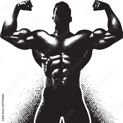 Vector illustration of a muscular bodybuilder flexing his biceps and chest, a strong physique