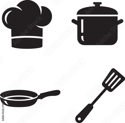 Kitchen Cooking Utensils Set Illustration of Chef Hat Pot Pan and Spatula for Food Preparation