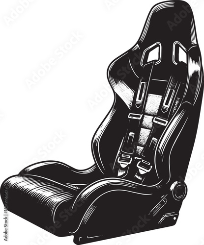 Stylized racing seat illustration, woodcut aesthetic, monochrome