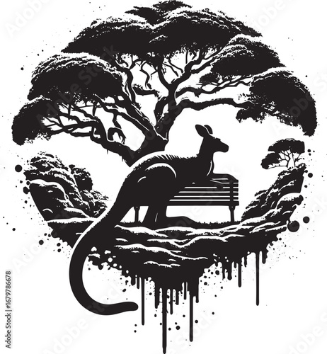 Australian Kangaroo Silhouette Resting on a Bench Under a Tree Surrounded by Nature