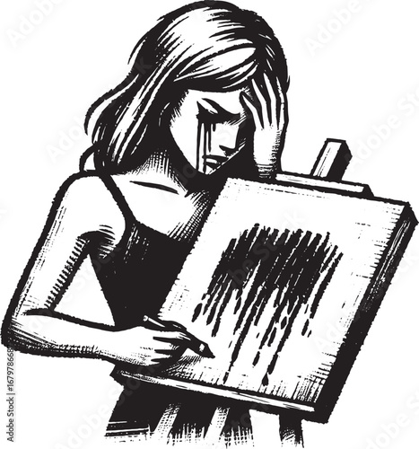 Illustration Depicting a Sad Artist Crying and Struggling with Creative Block and Frustration