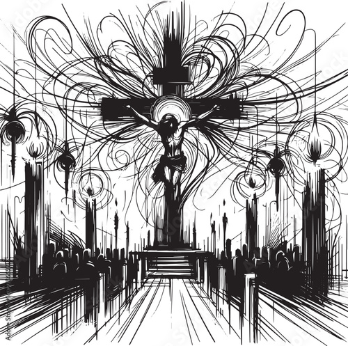 Artistic Illustration of Jesus Christ on the Cross with Symbolic and Religious Imagery