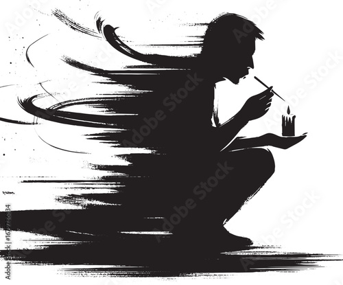 Ephemeral moment: Sumi-e illustration of a man extinguishing can