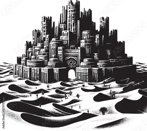 Intricate Black and White Illustration of a Desert City with Architectural Details