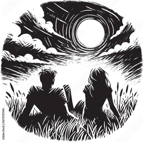 Romantic couple enjoying a moonlit night, observing stars in nature scenery illustration