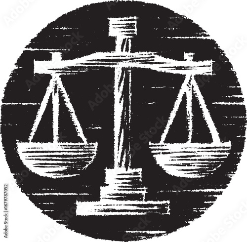 Black and White Illustration of a Justice Scale Symbol Inside a Grungy Circle