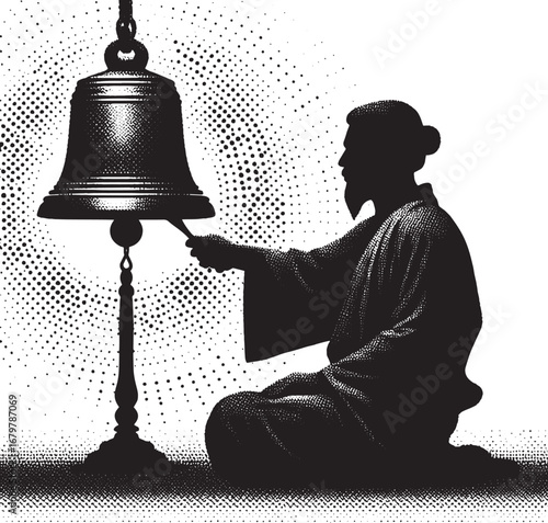 Silhouette of a Buddhist Monk Ringing a Bell with a Dot Patterned Background