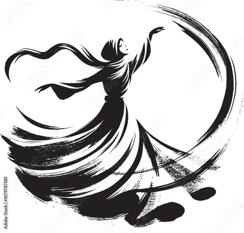 Elegant whirling dervish silhouette in flowing dress with expres