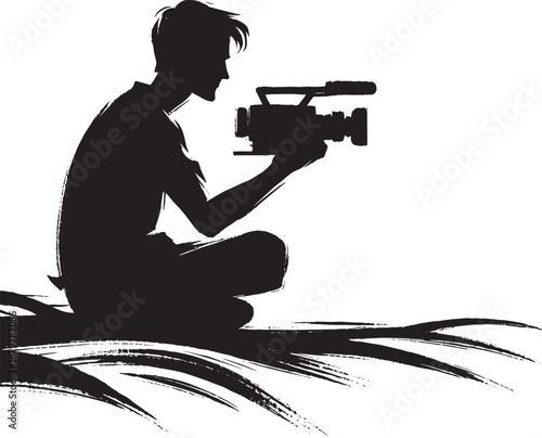 Minimalist sumi-e illustration of a filmmaker capturing videos i