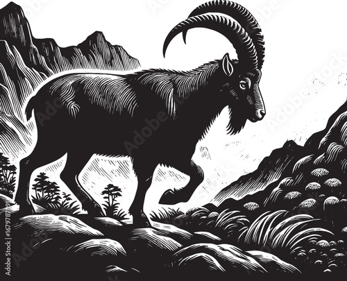 An artistic illustration of a goat in a mountainous region with a black and white style