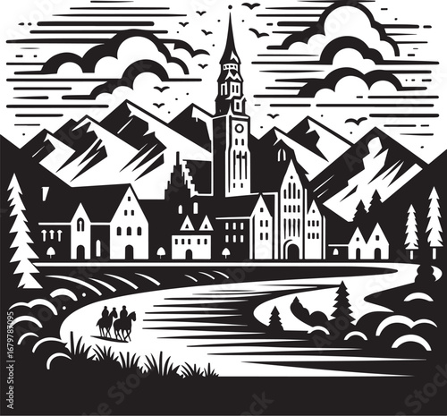 Stylized monochrome cityscape nestled among mountains with eques