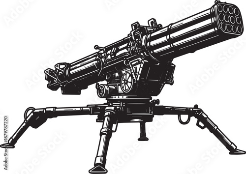 Detailed Woodcut Style Illustration of a Rocket Launcher on a Wh