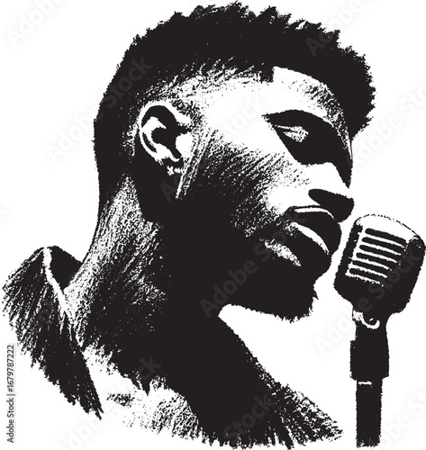 Illustration of a man singing into a vintage microphone in a black and white graphic style