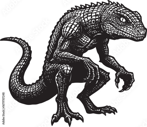 Detailed Woodcut Illustration of a Reptilian Creature on an Isol