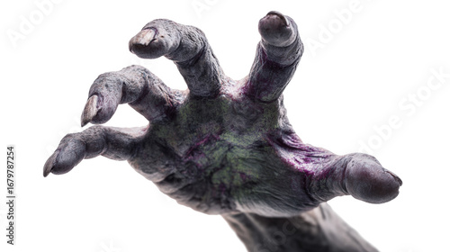 Scary monster on white background, close-up of hand. Halloween character 