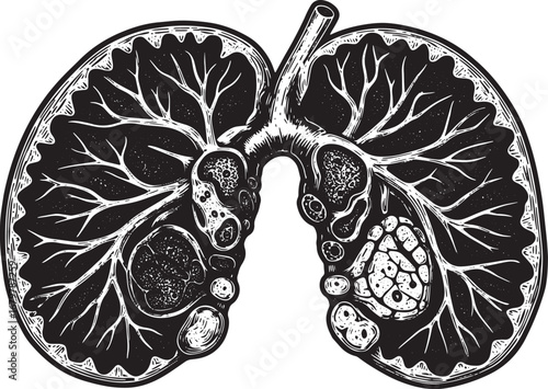 Intricate Black and White Illustration of Lungs with Textured An