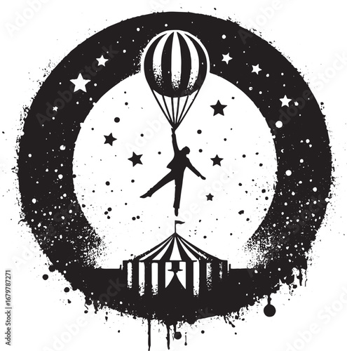 Vintage circus themed graphic design with silhouette of person floating with hot air balloon