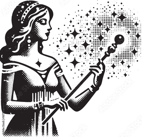 A Stylized Black and White Illustration of a Fairy Holding a Magic Wand with Starry Effects
