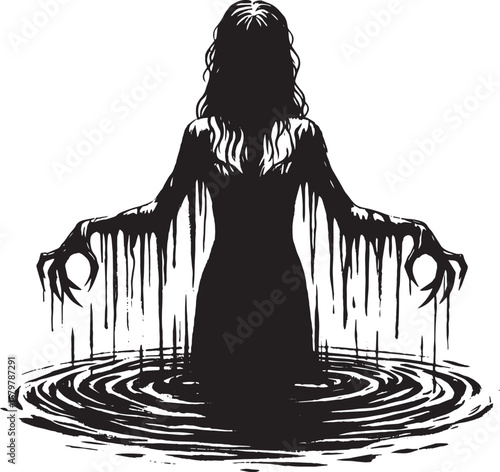 A Creepy Silhouette of a Ghostly Woman Emerging From the Water in a Spooky Scene