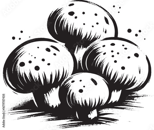 Minimalist Sumi-e Style Illustration of Mushrooms with Bold Brus