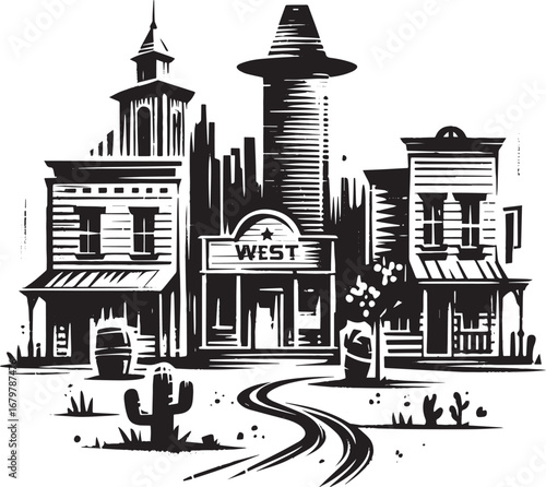 Minimalist Sumi-e Wild West Townscape Icon with Brush Stroke Det