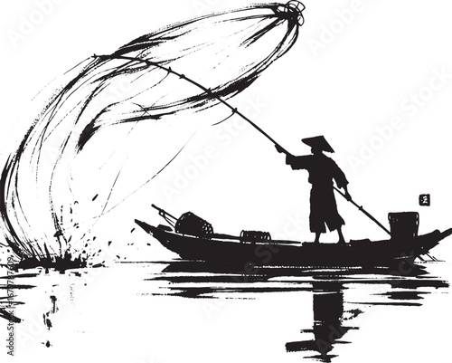 Japanese sumi-e style illustration of fisherman throwing net fro