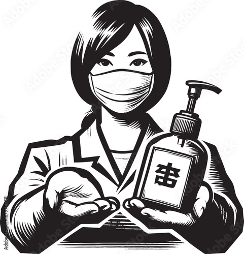 Sumi-e style illustration: masked woman offering sanitizer durin