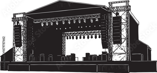 Detailed woodcut illustration showcasing a music festival stage