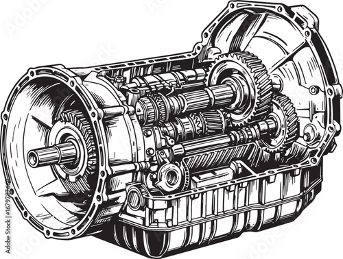 Detailed Woodcut Illustration of Automotive Transmission System