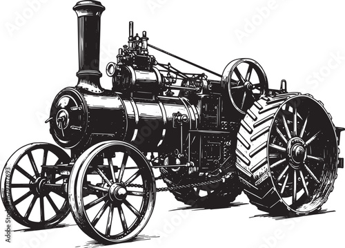 Vintage Steam Tractor Illustration in Detailed Woodcut Style, is