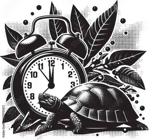 Illustration of a clock, a tortoise, and leaves in black and white artistic design