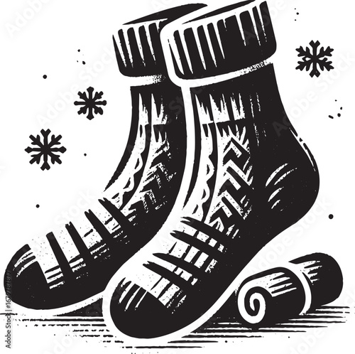 Stylized cozy socks with snowflakes in a minimalist brushstroke