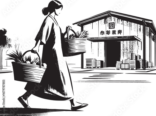 Woman carrying fresh produce toward a rural community food distr