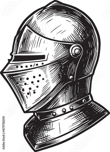 Detailed Woodcut Style Illustration of a Medieval Knight's Helme