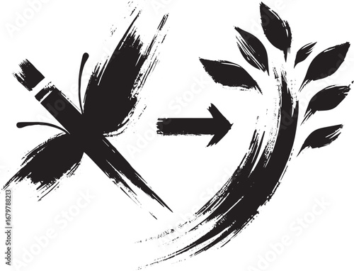 Abstract transformation metamorphosis icon, sumi-e brushstroke s