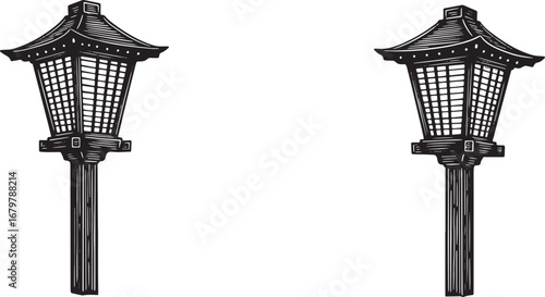 Pair of traditional japanese lanterns, monochrome woodcut drawin
